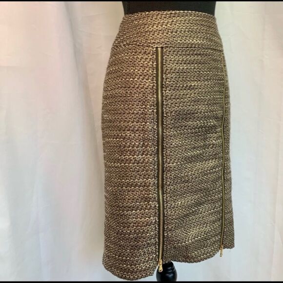 ETCETERA GOLD BRONZE METALLIC PENCIL SKIRT WOOL BLEND EXPOSED ZIPPERS SIZE 8 - Picture 2 of 13